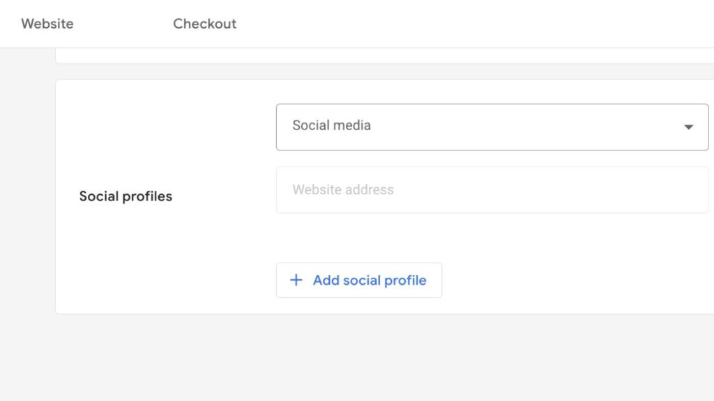 A webpage interface presents options to add social profiles, featuring a "Social media" dropdown menu alongside a field for the website address. A "+ Add social profile" button complements these elements, seamlessly integrating with your Google Merchant Center for enhanced connectivity.