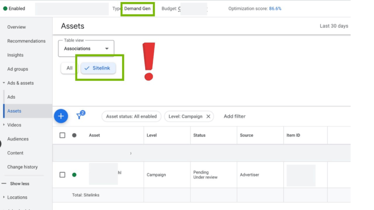 A screenshot of a digital advertising platform interface displays an "Assets" menu with available options focused on "Sitelinks" and highlighted by a large red exclamation mark. The Demand Gen-friendly interface includes various dropdowns for managing ad campaigns.