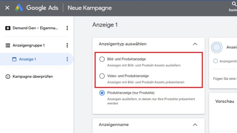 Screenshot of a Google Ads interface in German showcasing various creative types. Options include "Bild- und Produktanzeige," "Video- und Produktanzeige," and "Produktanzeige (nur Produkte)." The highlighted "Anzeige 1" suggests optimizing demand gen strategies using effective product feeds.