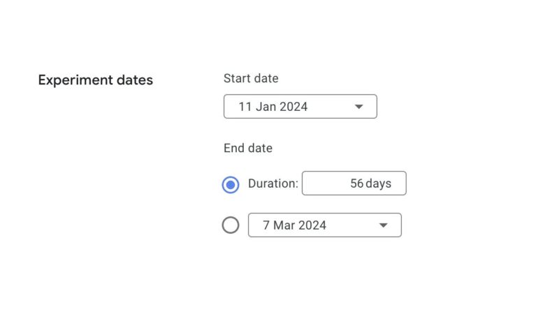 The form displays experiment dates, with the start date dropdown set to January 11, 2024. The end date is selected using a duration radio button for 56 days, automatically setting the end date dropdown to March 7, 2024.