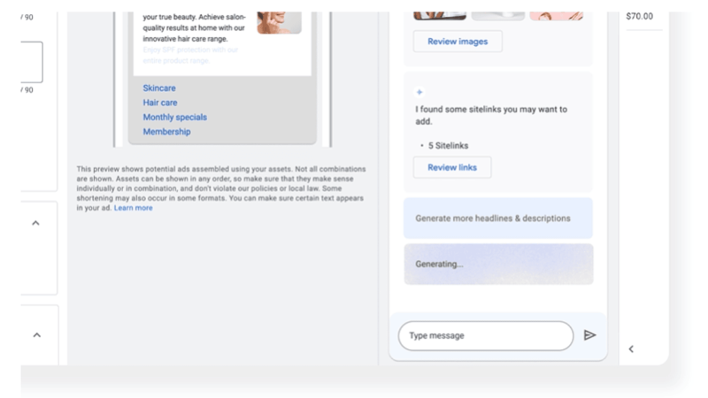 A digital interface displays an online editor with AI-powered preview options for text layouts. Sections labeled "Skincare," "Hair care," and "Monthly specials" are featured, alongside a sidebar to review images and generate more headlines & descriptions. Perfect for U.S. And U.K. market strategies.