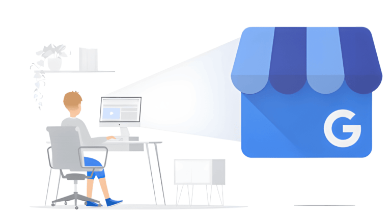 A person sits at a desk using a computer, focused on updating their Google Business Profile. A large blue and white store icon with the letter "G" appears on the screen. The setting is simple, with minimal decor like a plant and shelves adding to the calm workspace ambiance.