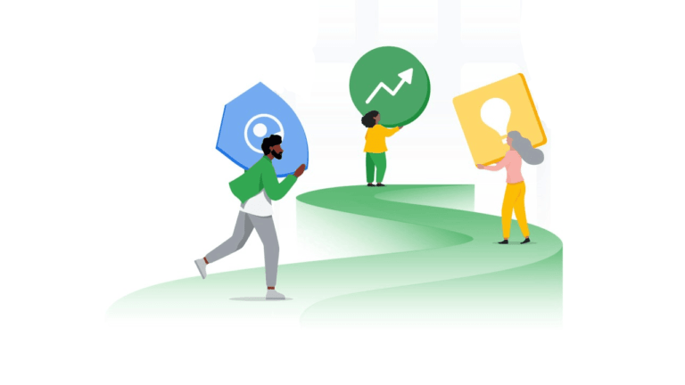 Three illustrated people on a winding green path hold large icons: a hexagon with an eye, a circle with an upward arrow, and a square with a keyhole. They appear to be advancing collaboratively, symbolic of navigating challenges in advertising sales.