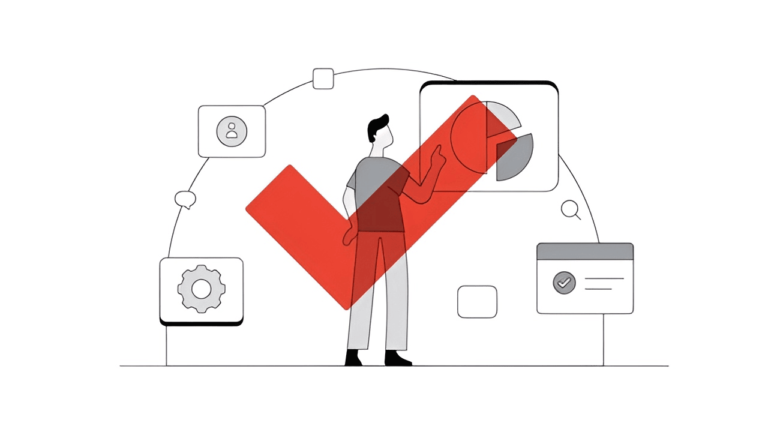 A minimalist illustration showcases a person standing behind a large red checkmark. The background features icons like a gear, a pie chart, and a user profile, subtly hinting at themes of business data progress and completion.