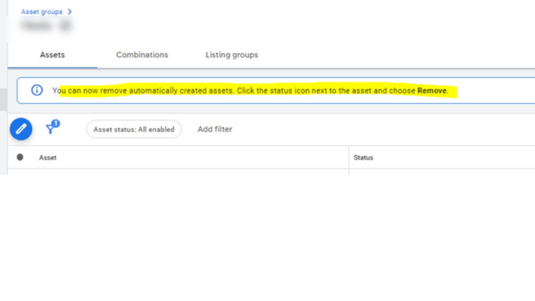 A screenshot of a web interface highlights the "Assets" tab, featuring a notification: "You can now remove auto-generated assets. Click the status icon next to the asset and choose Remove." An option to add a filter is available for streamlined management.