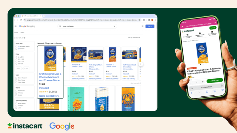 A split image features a computer screen on the left with Shopping Ads displaying mac and cheese options, while a hand on the right holds a smartphone showing the Instacart app with Kraft mac and cheese. Logos for Instacart and Google rest at the bottom, highlighting CPG Partners' digital collaboration.