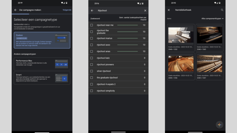 Three dark-themed mobile app screens: the first integrates Google Ads campaign type selection with options and help text; the second lists piano-related terms with a search bar and numerical values; the third displays piano images and folders in a library view.