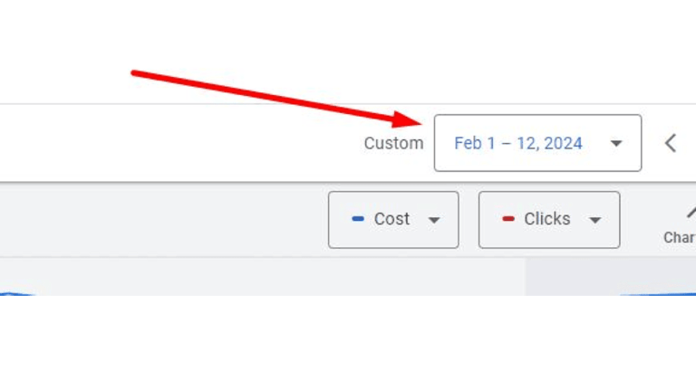 A screenshot of a date range selector with "Custom" in blue text displays dates from February 1 to February 12, 2024. An arrow points to the date field, and below are display options for "Cost" and "Clicks" with dropdown icons.