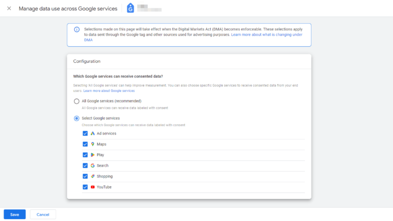The Google settings page titled "Manage data use across Google services" offers data consent options. Choose to share with all services (recommended) or specify ones like Ads, Maps, Play, Search, Shopping, and YouTube. A blue "Save" button confirms your setting verification choices at the bottom.