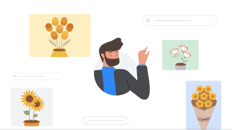 Illustration of a bearded man in a suit examining AI-generated images of flowers. The background is white with search bars, and the floating flowers, complete with metadata tags, include yellow tulips and pink blossoms in vases.