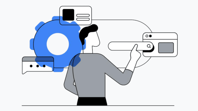 A person engages with a floating search bar and chat bubbles, set against a blue gear icon, symbolizing technology and communication. This scene subtly highlights the dynamic world of SEO changes and the role of search partners in enhancing online interactions.