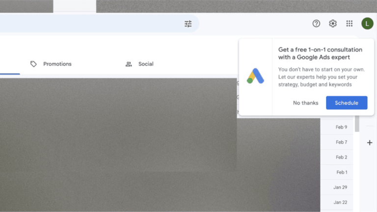 Gmail's email inbox interface features a pop-up consultation offer for a free one-on-one session with a Google Ads expert. Choose between "No thanks" and "Schedule" while calendar dates are conveniently displayed on the right side.