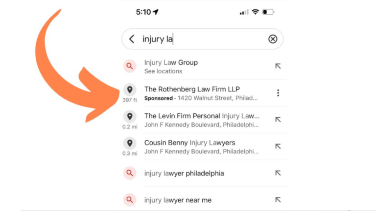 A smartphone screen displays a search for "injury la," with an arrow highlighting local injury law firms, such as The Rothenberg Law Firm and The Levin Firm, alongside distances in miles. This efficient use of Google Maps Ads exemplifies excellent search optimization for injury law inquiries.
