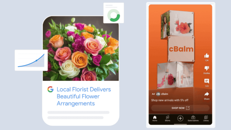 A vibrant digital collage highlights a colorful bouquet in an online ad from a local florist, integrated with AI-driven features that showcase social media engagement stats like likes, dislikes, and comments.