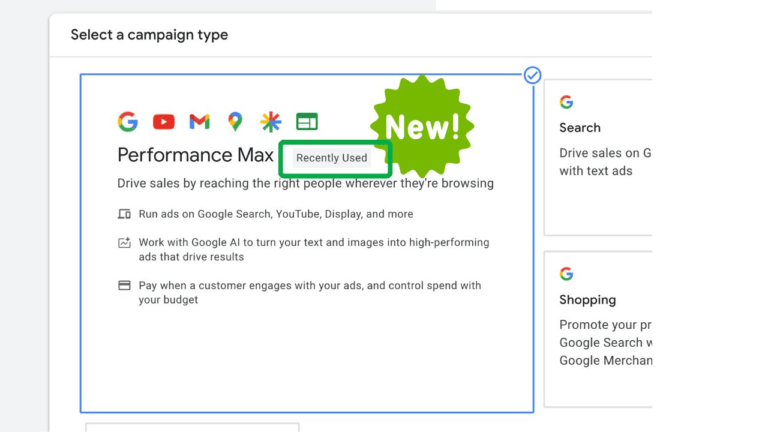 The screenshot displays a Google Ads interface where the "Performance Max" campaign type, or PMAX, is highlighted in green with a "Recently Used Label." It's presented alongside other options like Search and Shopping campaigns, offering an optimal blend of strategies for leveraging SEO keywords.