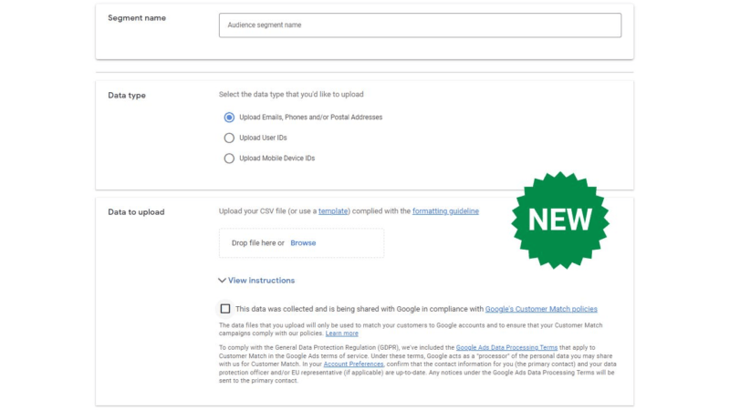 Screenshot of a data upload page featuring CRM options, allowing you to upload emails, phones, postal addresses, user IDs, or mobile device IDs. Includes fields for segment name and file upload. A green starburst labeled "NEW" highlights the latest feature for CRM Audiences integration.
