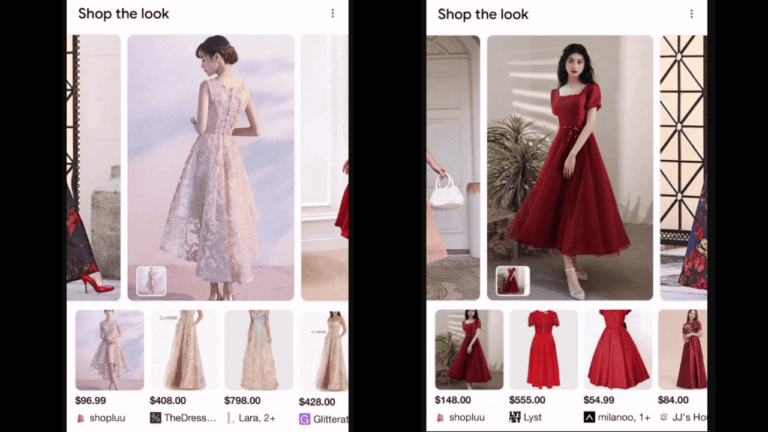 Side-by-side image of shopping pages featuring dresses in a dynamic shopping carousel. The left side shows a beige lace dress with price options below, while the right displays a red puff-sleeve dress, both with related product images. Perfect for discovering dynamically changing products.