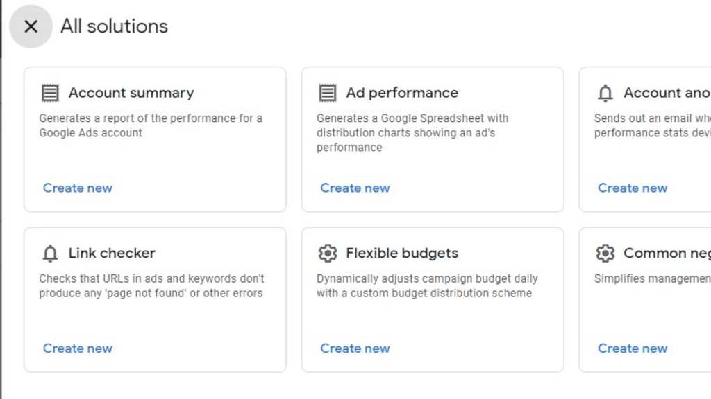 Screenshot of a webpage rolling out six solution options for users: Account summary, Ad performance, Account announcement, Link checker, Flexible budgets, and Common negative checks. Each includes a brief description and a "Create new" button for seamless solutions.