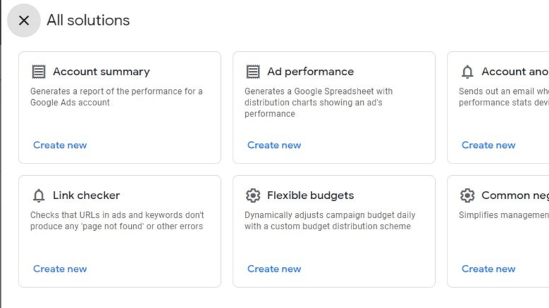 Screenshot of a webpage rolling out six solution options for users: Account summary, Ad performance, Account announcement, Link checker, Flexible budgets, and Common negative checks. Each includes a brief description and a "Create new" button for seamless solutions.