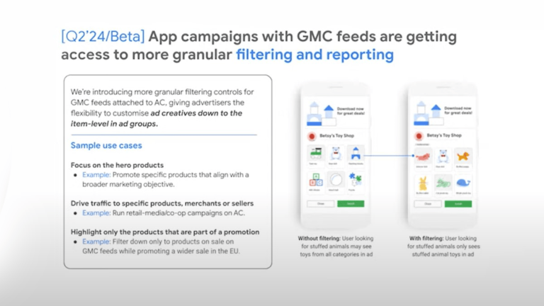A graphic detailing updates on GMC app campaigns features enhanced filtering and reporting. It showcases two phone screens: one without filters and another with filters for product advertisements, illustrating use cases, benefits, and how SEO keywords can boost visibility.