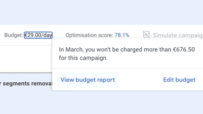 Screenshot of a budget setting page displaying a daily budget of €29.00 and an optimization score of 78.1%. A message indicates, "In March, you won't be charged more than €676.50 for this campaign." Options include updating the budget report or editing at the ad group level.