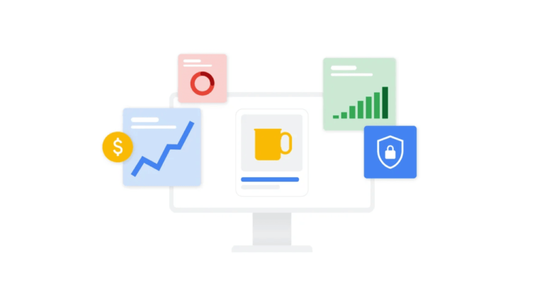 A computer monitor displaying various analytical icons, including graphs, a shield for security, a currency symbol, and a circular graph. Centered is a yellow cup icon. The image represents data analysis and security while reflecting recent updates relevant to GA4 advertisers.