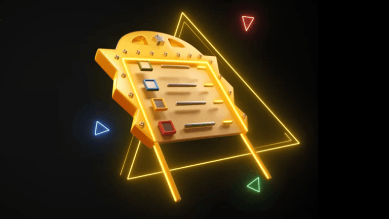 A golden spaceship illustration hovers against a dark background, surrounded by neon geometric shapes in yellow, blue, and red, reminiscent of a 2024 Developer Summit game leaderboard.
