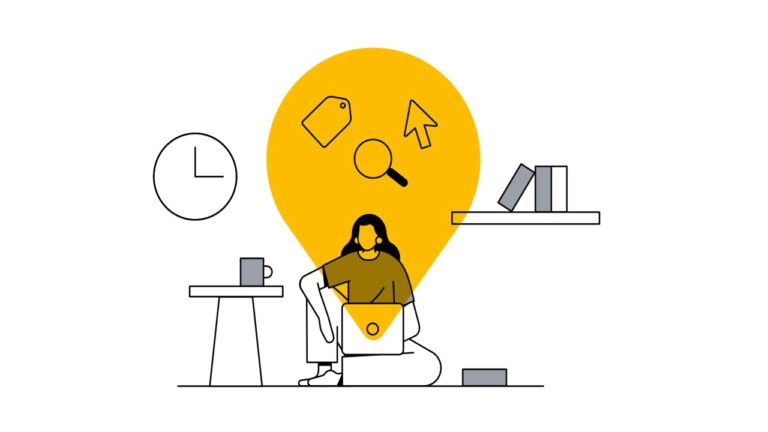 Illustration of a person sitting with a laptop, surrounded by icons like a tag, magnifying glass, and cursor within a large yellow lightbulb. Nearby, a clock sets the pace as the limit is tested. A shelf holds books while a table with a cup anchors this exploration of concepts and creativity.