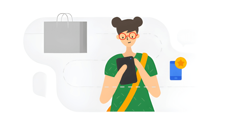 An illustration of a person with glasses using a smartphone. They sport a yellow bag strap across their green top. Nearby, a shopping bag and blue card with a star hint at an online shopping spree, perhaps managed through their Google account or Google Merchant Center.