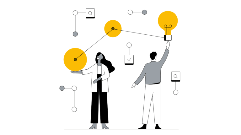 In this illustration, a woman and a man engage with abstract elements. The woman holds a yellow circle, symbolizing agencies' creative role, while the man raises a light bulb. Various icons and connected lines surround them, highlighting collaboration and innovation.