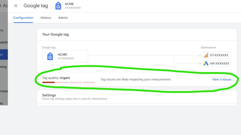 Screenshot of a Google Tag configuration page for "ACME" with an urgent tag quality warning. The message indicates that tag issues are impacting measurement, urging you to explore the newly launched Tag Diagnostics tool to view 3 issues, highlighted with a green circle.