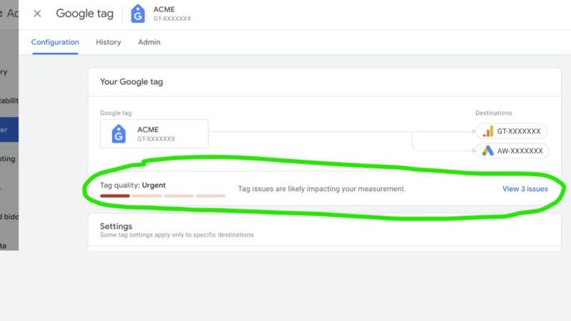 Screenshot of a Google Tag configuration page for "ACME" with an urgent tag quality warning. The message indicates that tag issues are impacting measurement, urging you to explore the newly launched Tag Diagnostics tool to view 3 issues, highlighted with a green circle.