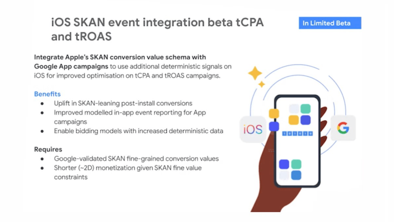 An illustration depicts a hand grasping a smartphone, showcasing app icons alongside the iOS logo. The text delves into the integration beta of iOS SKAN for App Campaigns, emphasizing tCPA and tROAS benefits while outlining requirements for fine-grained conversion values.