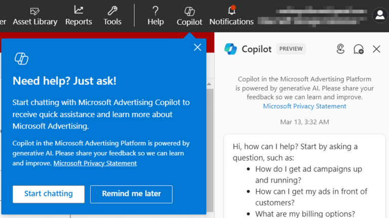 Screenshot of Microsoft Advertising Platform featuring a blue pop-up that enhances user experience by inviting interaction with Microsoft Advertising Copilot for assistance. Options to "Start chatting" or "Remind me later" are available. The interface is streamlined with tabs and icons at the top.