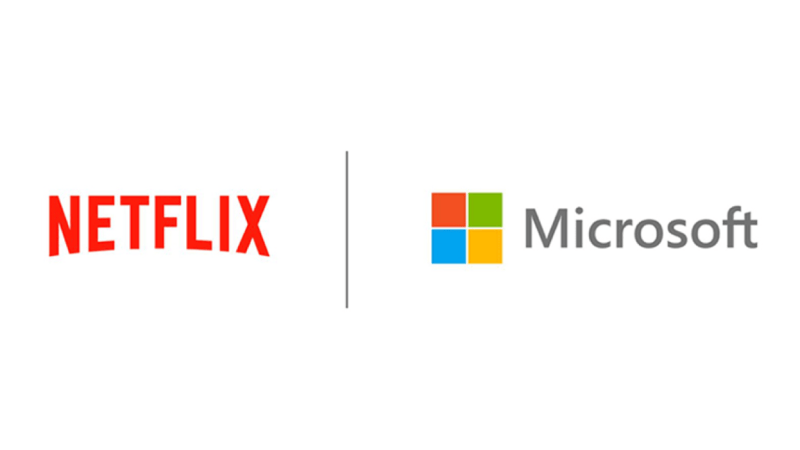 Logos of Netflix and Microsoft Advertising side by side, separated by a vertical line. Netflix's bold red text logo contrasts with Microsoft's colorful square symbol and gray name. Their partnership highlights new opportunities in connected TV ads.