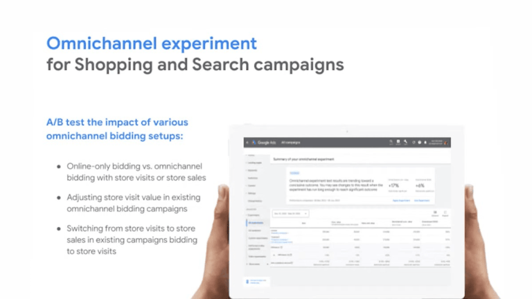A person holds a tablet showing a Google Ads interface. The text highlights experiments with an omnichannel approach for Shopping and Search campaigns, detailing A/B testing methods like online-only vs. omnichannel bidding and store visit adjustments.