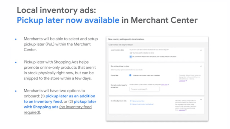 Explore the new "Pickup Later" feature in Merchant Center, now enhancing your Shopping Ads. This slide highlights how merchants can easily set up pickup later for out-of-stock items, showcases onboarding options, and provides examples of setup screens to streamline your inventory management.