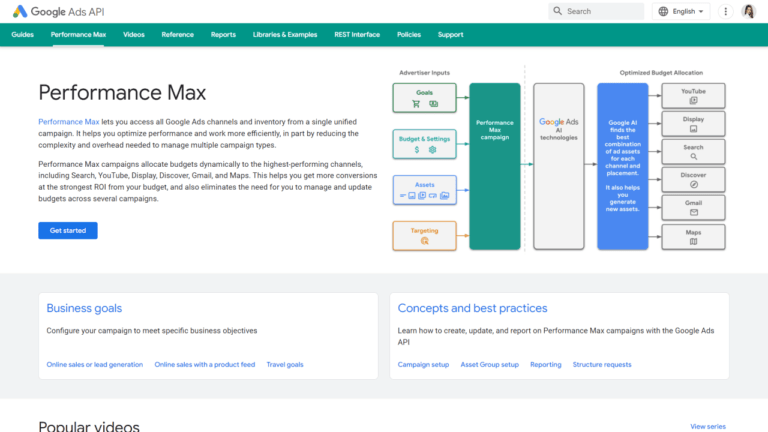 Screenshot of a webpage for Google Ads API's Performance Max. It features a diagram of advertiser inputs and optimized budget allocation, sections on business goals, and concepts and best practices with links to the Developer Guide and other resources.