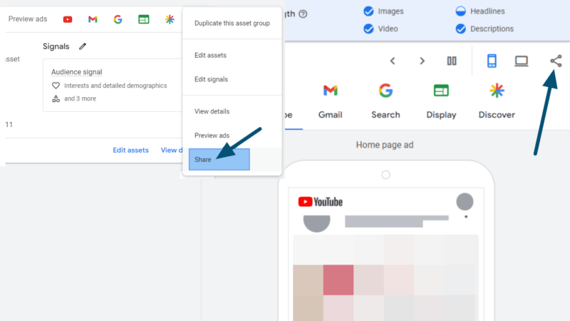 A screenshot of a Google Ads interface shows a drop-down menu with options such as "Duplicate this asset group," "Edit assets," and "Share Ad Preview" highlighted. In the background, the screen features a Performance Max mock-up of a mobile YouTube ad.