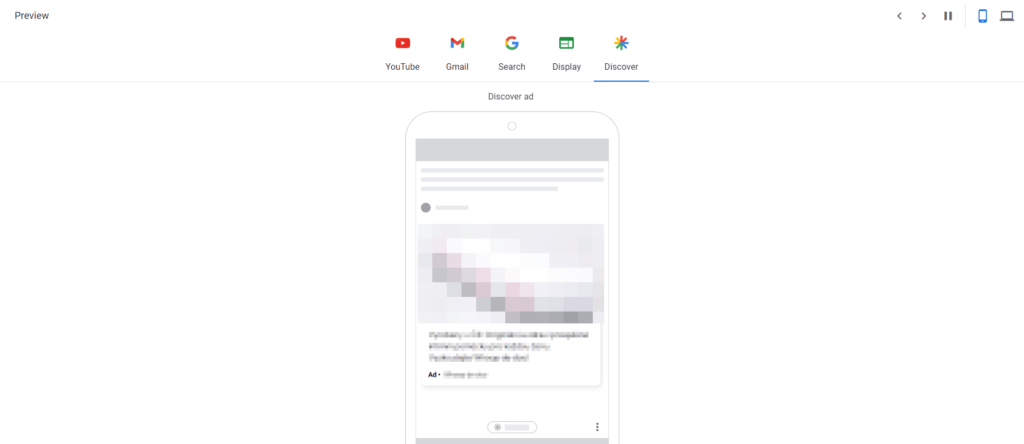 An ad preview of Google Discover is displayed on a mobile device screen. Icons for various services like YouTube, Gmail, Search, and Display are visible at the top. The content remains blurred and indistinct, optimizing Performance Max for a seamless share experience.