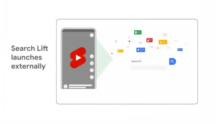 Illustration showcasing a smartphone with a red play button and video thumbnails on the left. A diagonal arrow directs attention to a web search bar featuring icons like Google Drive and Gmail on the right. Text reads "Search Lift launches externally.