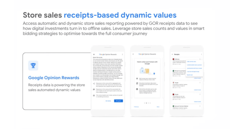 A screenshot of a presentation slide reveals three mobile phone screens, discussing using Google Opinion Rewards for receipts-based store sales and dynamic values. It highlights how Google Rewards automates data to optimize consumer strategies.