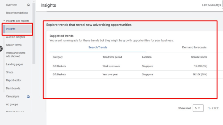 Screenshot of an insights page highlighting suggested trends and discovering keywords for new advertising opportunities. It lists "Gift Baskets" with demand forecasts, showing a 10% increase in Singapore. Options for navigation and display settings are visible on the left menu.