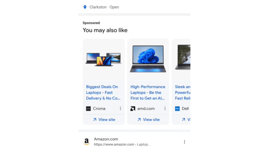 Image of a webpage featuring a card-based ads section with the heading "You May Also Like." It showcases three enticing laptop deals from Croma, AMD, and Dell, each offering links to view more details.
