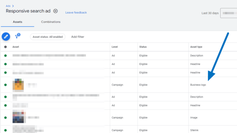 A table displays information about responsive search ads, with columns for asset details, level, status, and type. A blue arrow points to the "Business logo" type in the list. Text and data are blurred for privacy, providing a comprehensive assets details report.