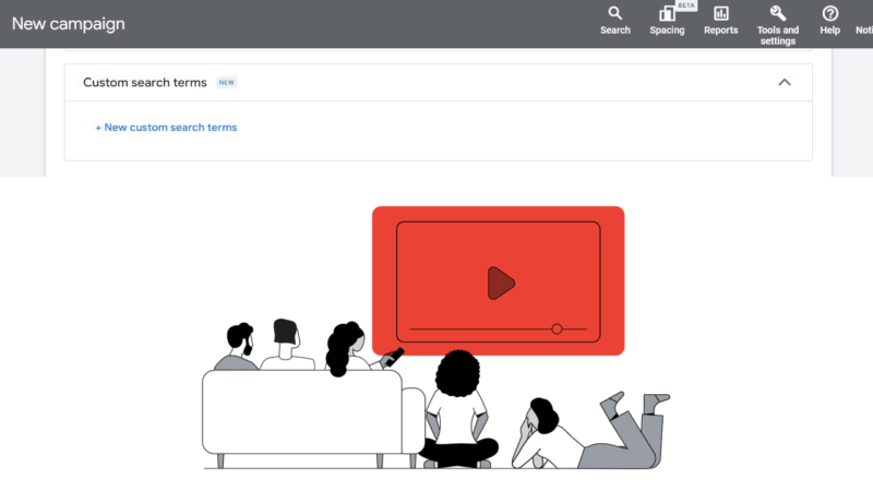 A group of people sitting on a couch and floor is engrossed in a home viewing experience, watching a large red screen with a play button. The interface above displays a "New campaign" section, hinting at video campaigns with custom search terms options for tailored content discovery.