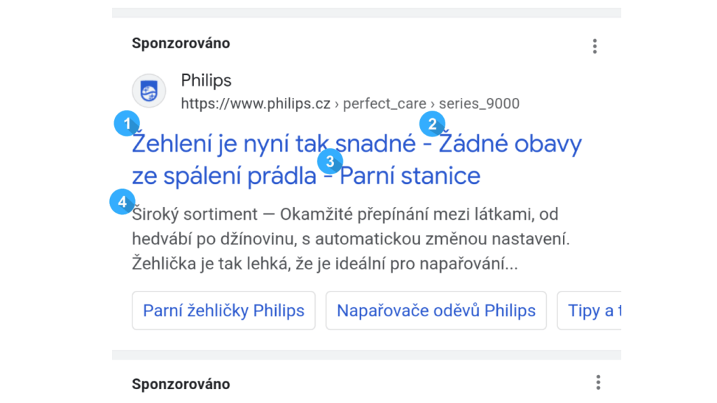 A screenshot of a search ad displaying Philips ironing equipment. It highlights features like easy ironing without burning clothes and automatic fabric adjustments. The ad includes links to steam irons and ironing guides, with text in Czech.