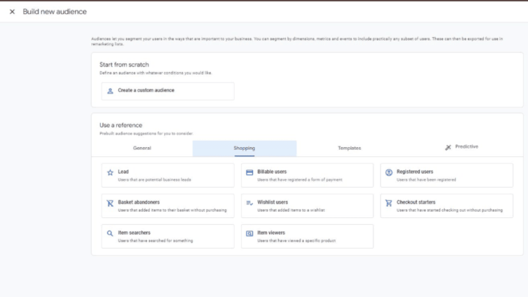 Screenshot of a "Build new audience" interface with options for creating Shopping Audiences from scratch or using references. Categories include Lead, Billable users, Registered users, Basket abandoners, and more under a "Shopping" tab, perfect for optimizing your SEO strategy.