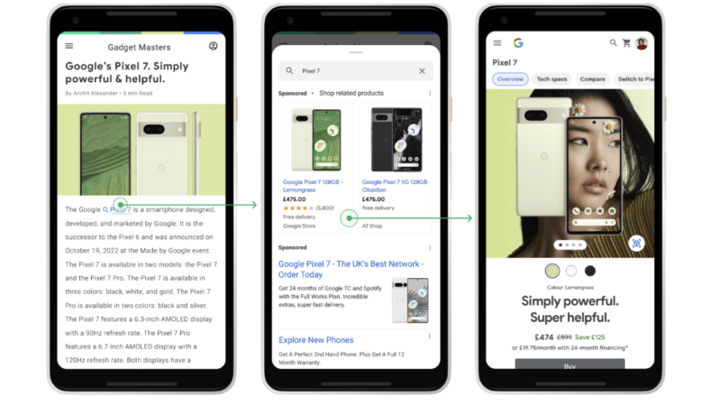 Three smartphone screens display information about the Google Pixel 7, showcasing search results, product images, and pricing details through Google Ads. The focus is on the phone's features and advertisements.