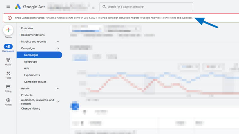 A screenshot of a Google Ads dashboard highlights a warning about Universal Analytics shutting down on July 1, 2024, urging users to transition to Google Analytics 4. The interface also presents diverse campaign management options, emphasizing the need for a smooth SEO transition.